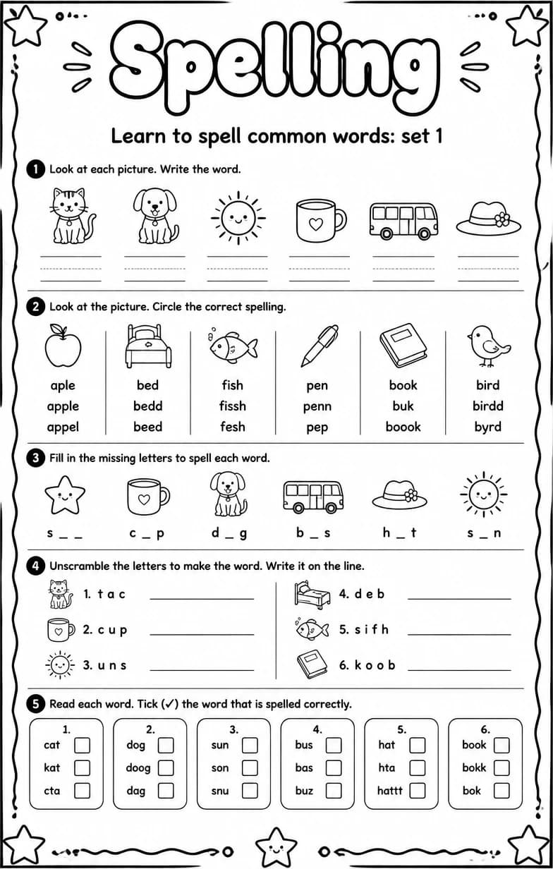 Learn to spell common words: set 1 — free printable Grammar and mechanics English worksheet