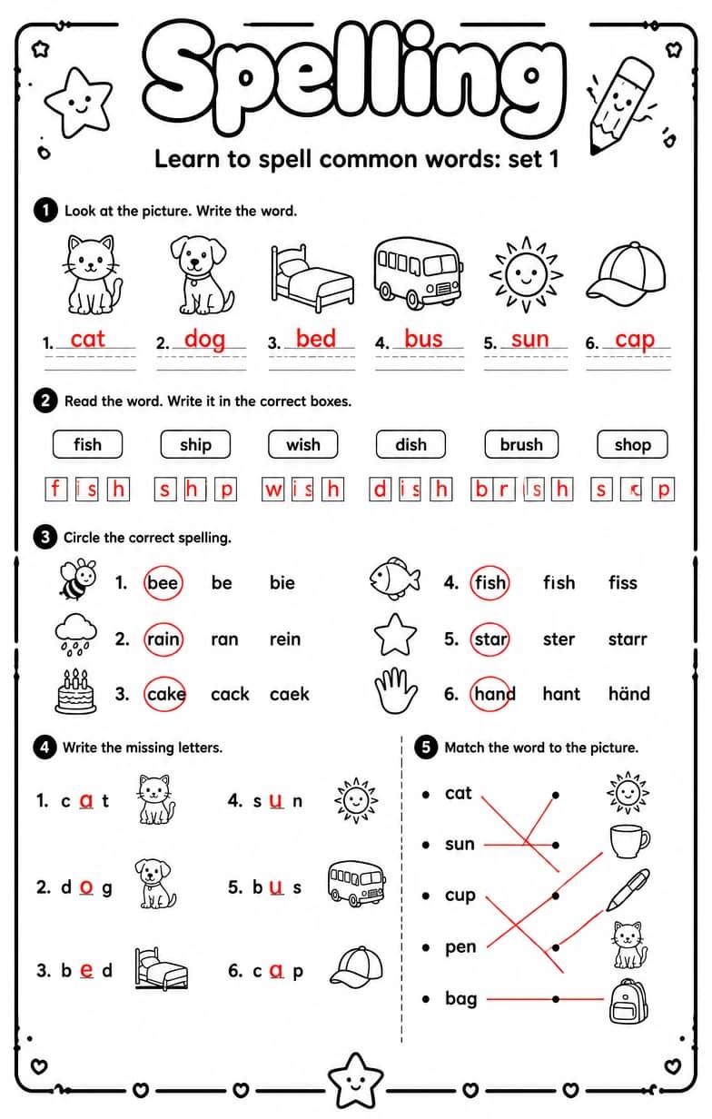 Answer key for Learn to spell common words: set 1 — free printable English & Reading worksheet