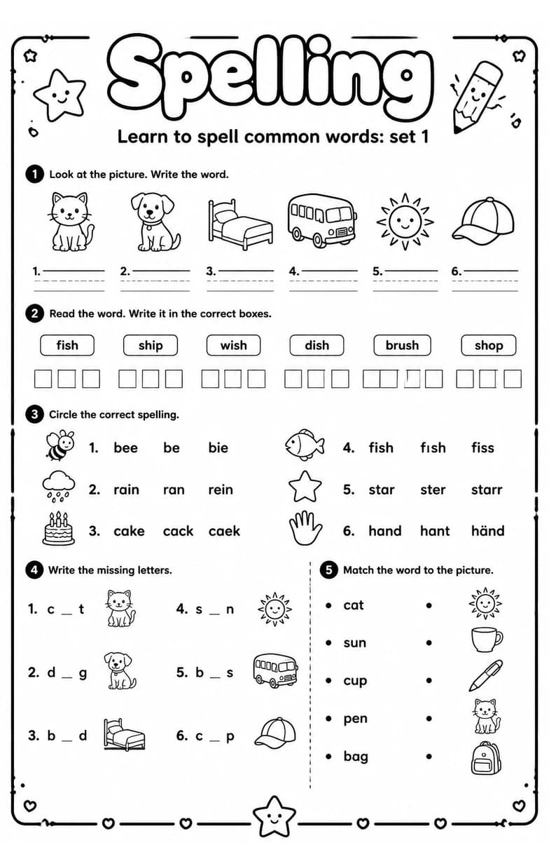 Learn to spell common words: set 1 — free printable Grade 4 English & Reading worksheet