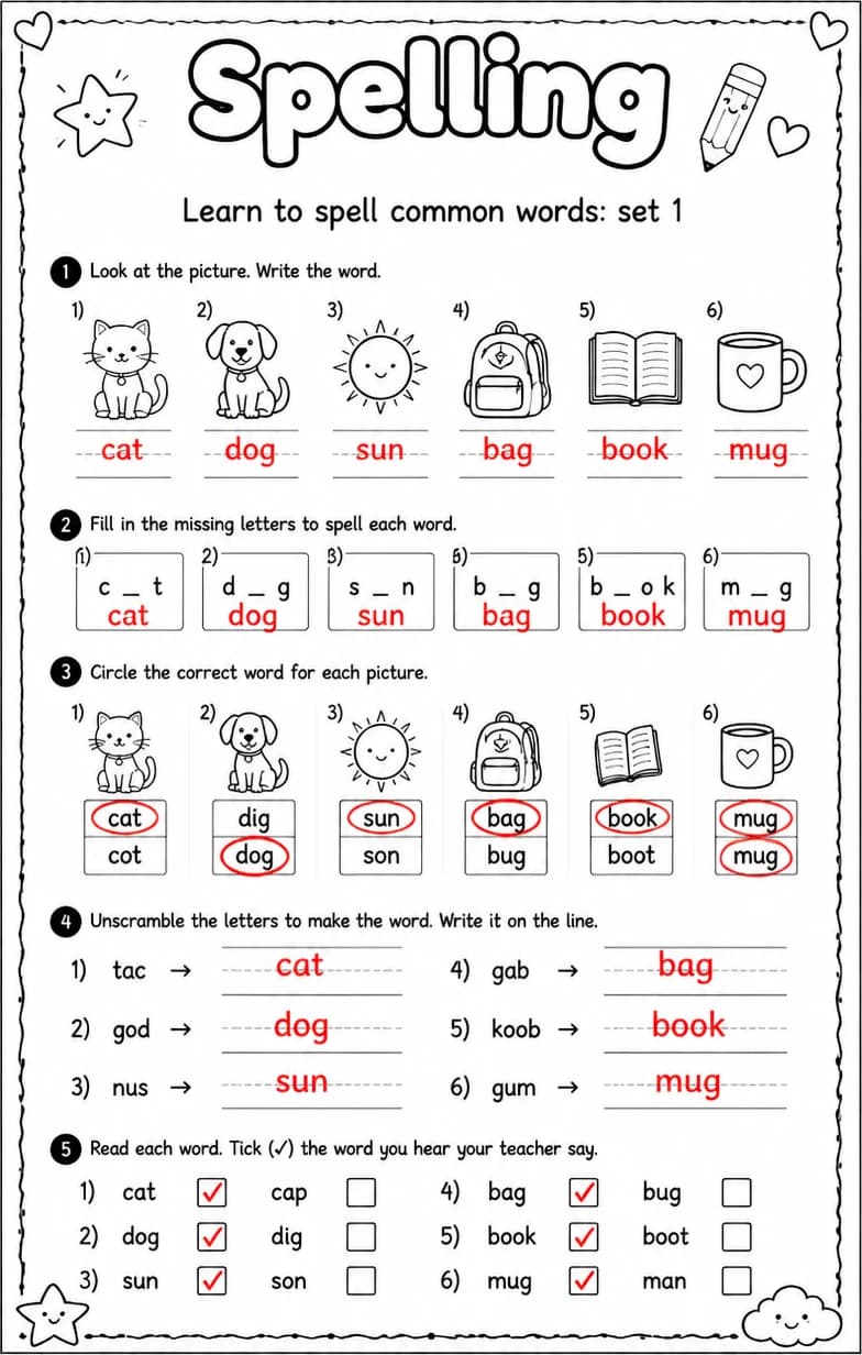 Answer key for Learn to spell common words: set 1 — free printable English & Reading worksheet
