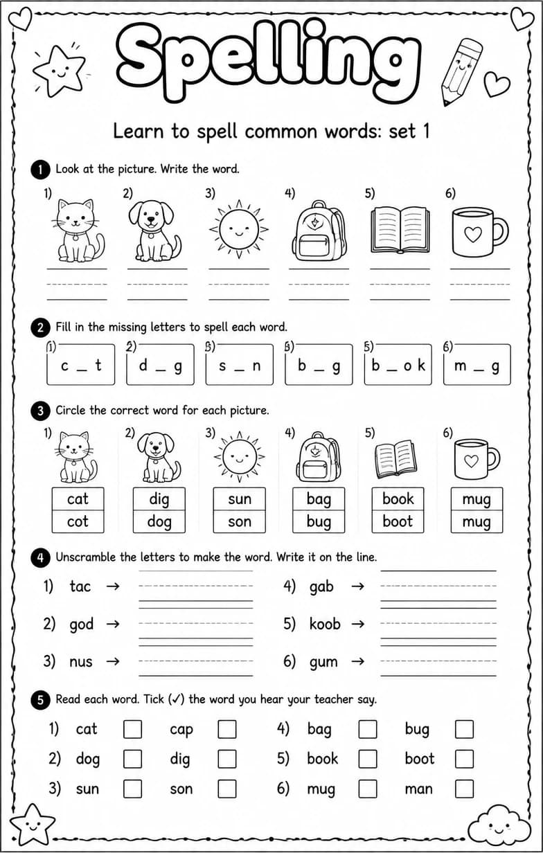 Learn to spell common words: set 1 — free printable Grade 5 English & Reading worksheet