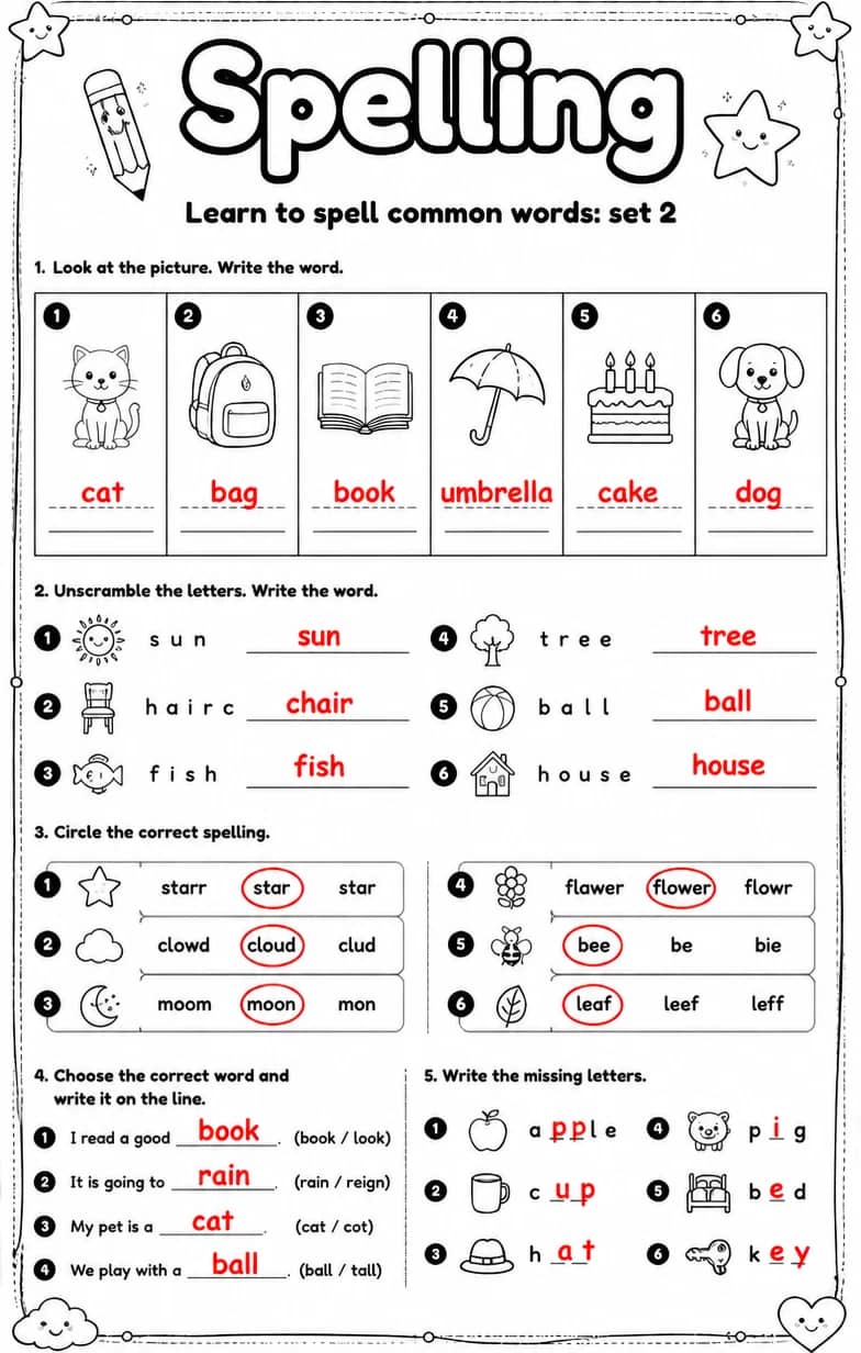 Answer key for Learn to spell common words: set 2 — free printable English & Reading worksheet