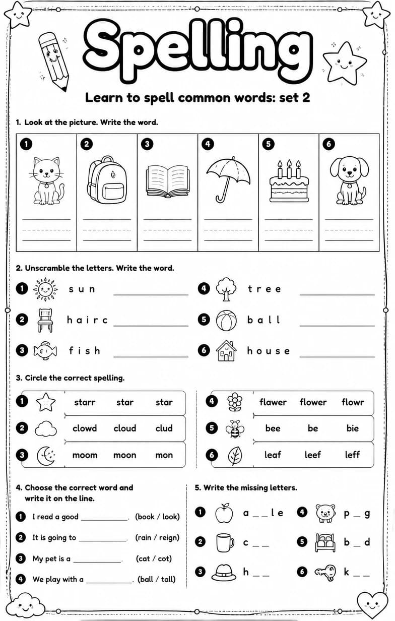 Learn to spell common words: set 2 — free printable High School English & Reading worksheet