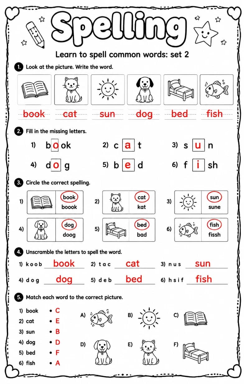 Answer key for Learn to spell common words: set 2 — free printable English & Reading worksheet