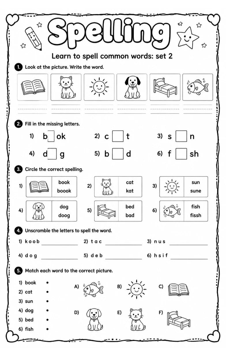 Learn to spell common words: set 2 — free printable Grade 4 English & Reading worksheet