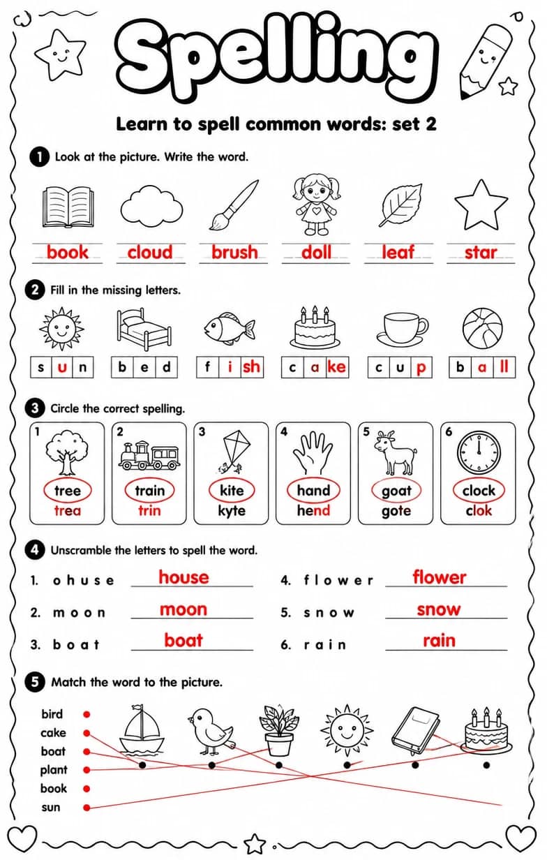 Answer key for Learn to spell common words: set 2 — free printable English & Reading worksheet