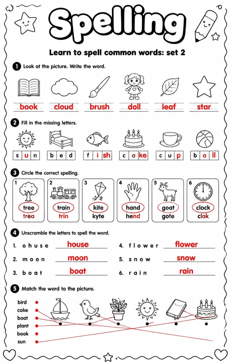 Answer key for Learn to spell common words: set 2 — free printable English & Reading worksheet