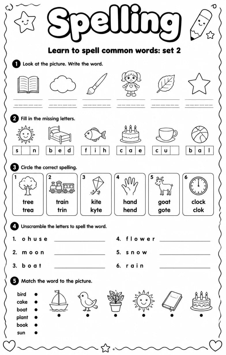Learn to spell common words: set 2 — free printable Grade 5 English & Reading worksheet