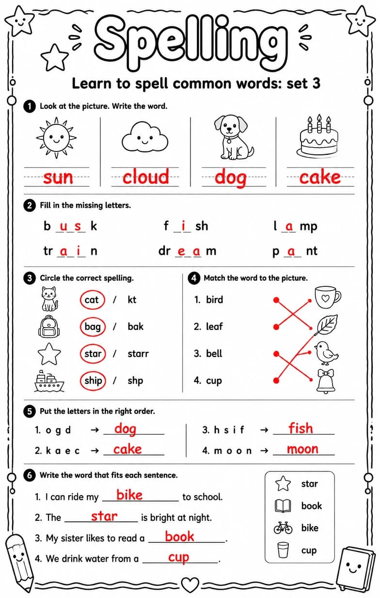 Answer key for Learn to spell common words: set 3 — free printable English & Reading worksheet