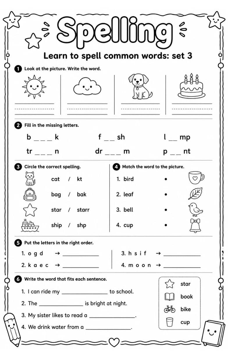 Learn to spell common words: set 3 — free printable Grammar and mechanics English worksheet