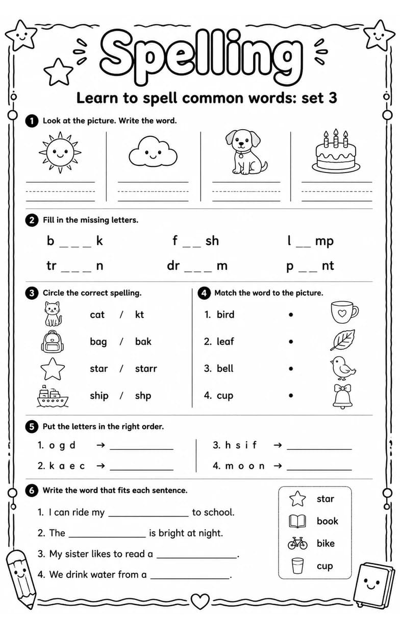 Learn to spell common words: set 3 — free printable Grammar and mechanics English worksheet