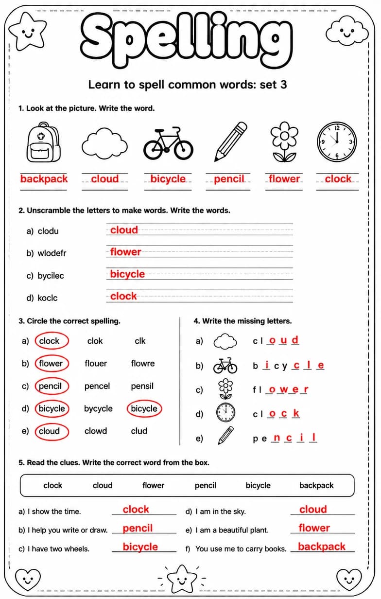 Answer key for Learn to spell common words: set 3 — free printable English & Reading worksheet
