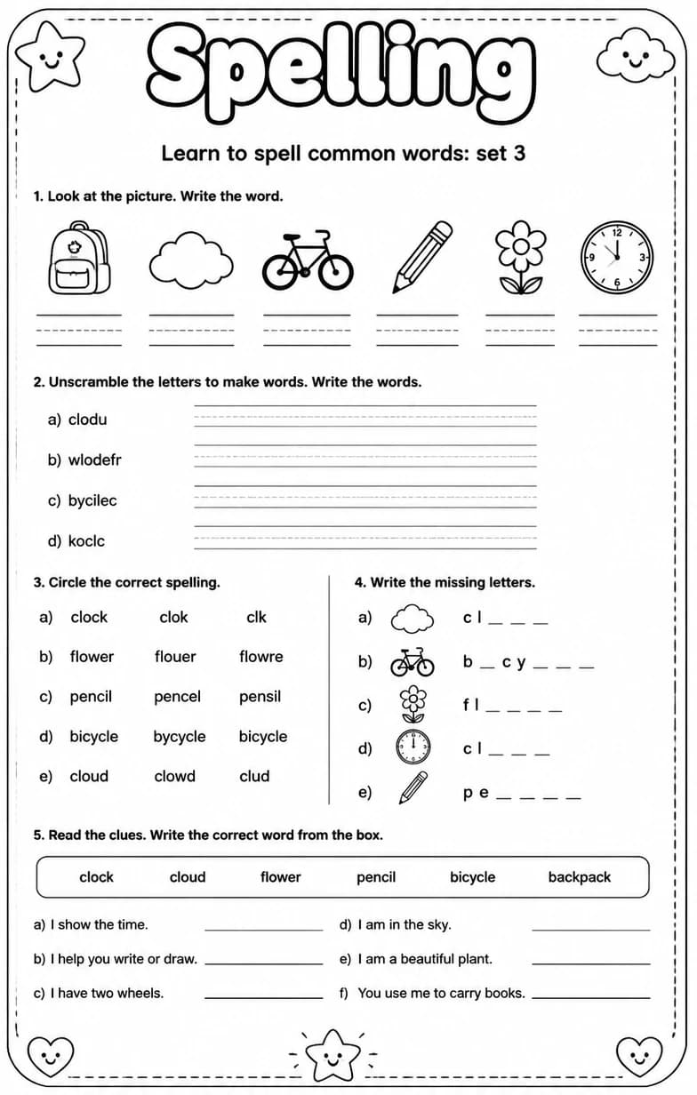 Learn to spell common words: set 3 — free printable Grammar and mechanics English worksheet