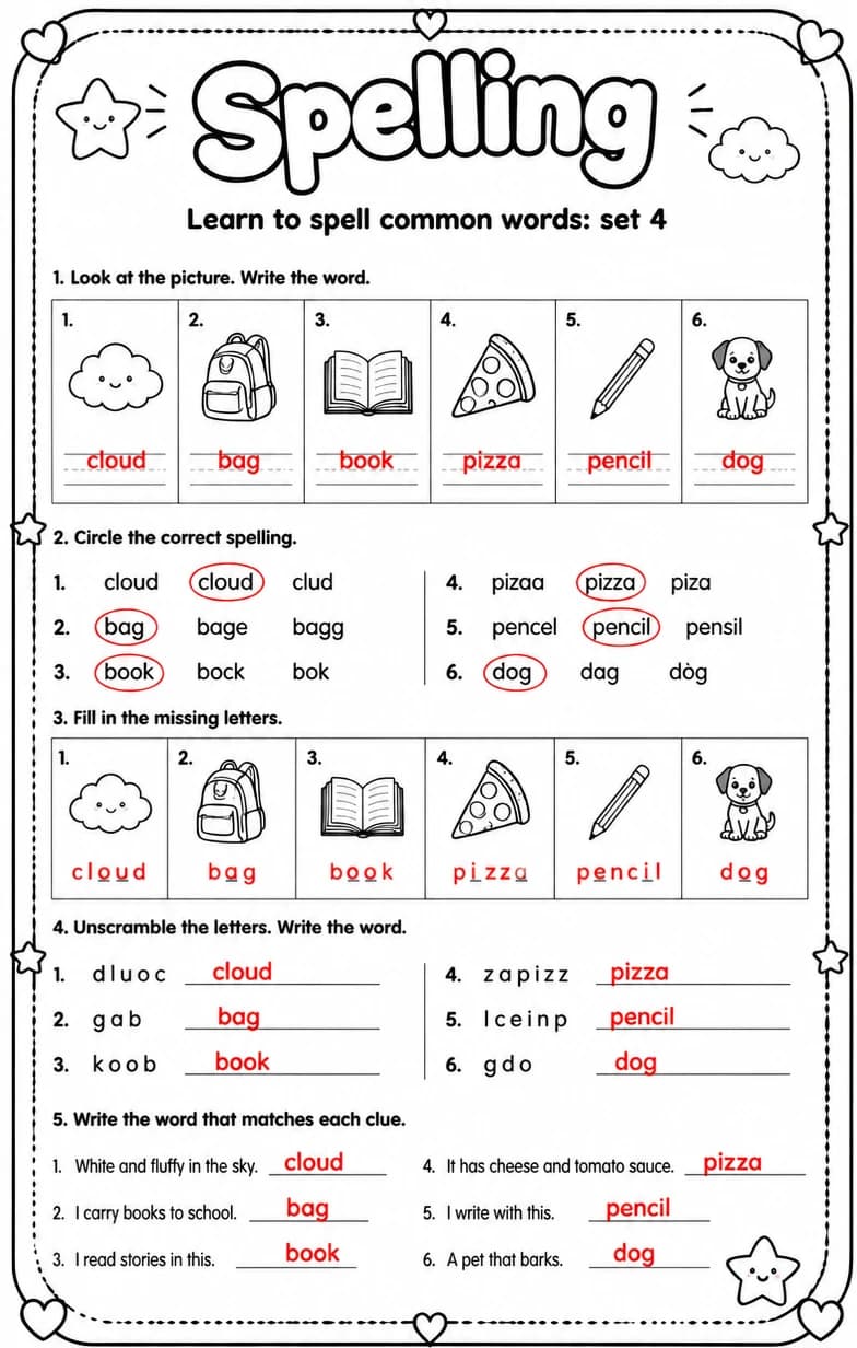 Answer key for Learn to spell common words: set 4 — free printable English & Reading worksheet