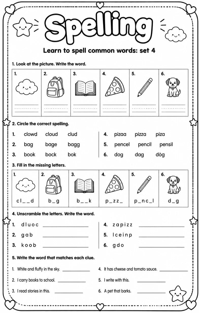 Learn to spell common words: set 4 — free printable Grammar and mechanics English worksheet