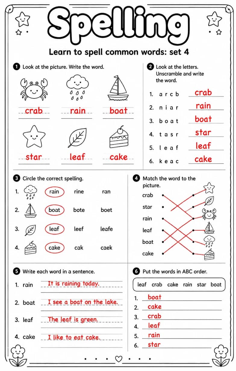 Answer key for Learn to spell common words: set 4 — free printable English & Reading worksheet