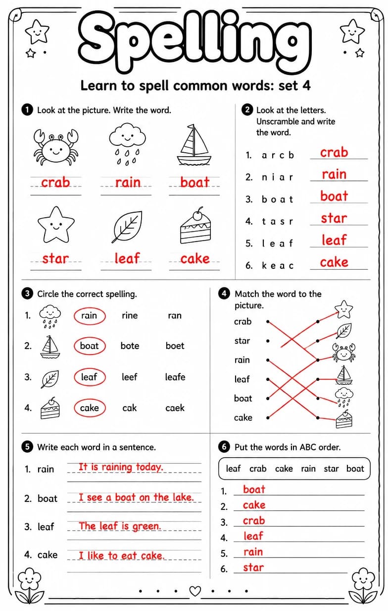 Answer key for Learn to spell common words: set 4 — free printable English & Reading worksheet