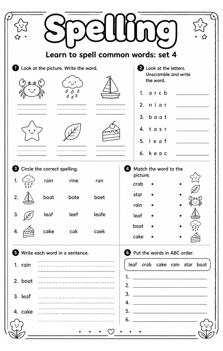 Learn to spell common words: set 4 — free printable Grammar and mechanics English worksheet
