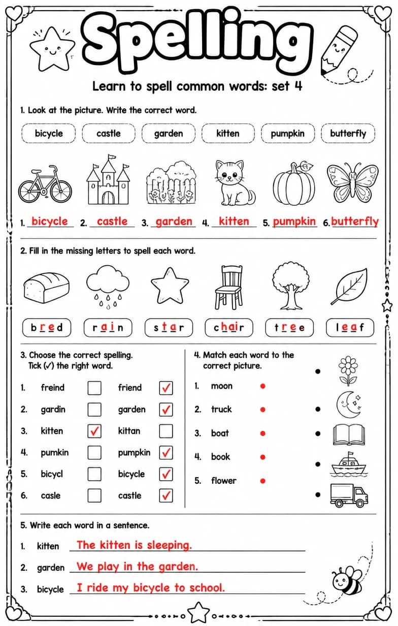 Answer key for Learn to spell common words: set 4 — free printable English & Reading worksheet