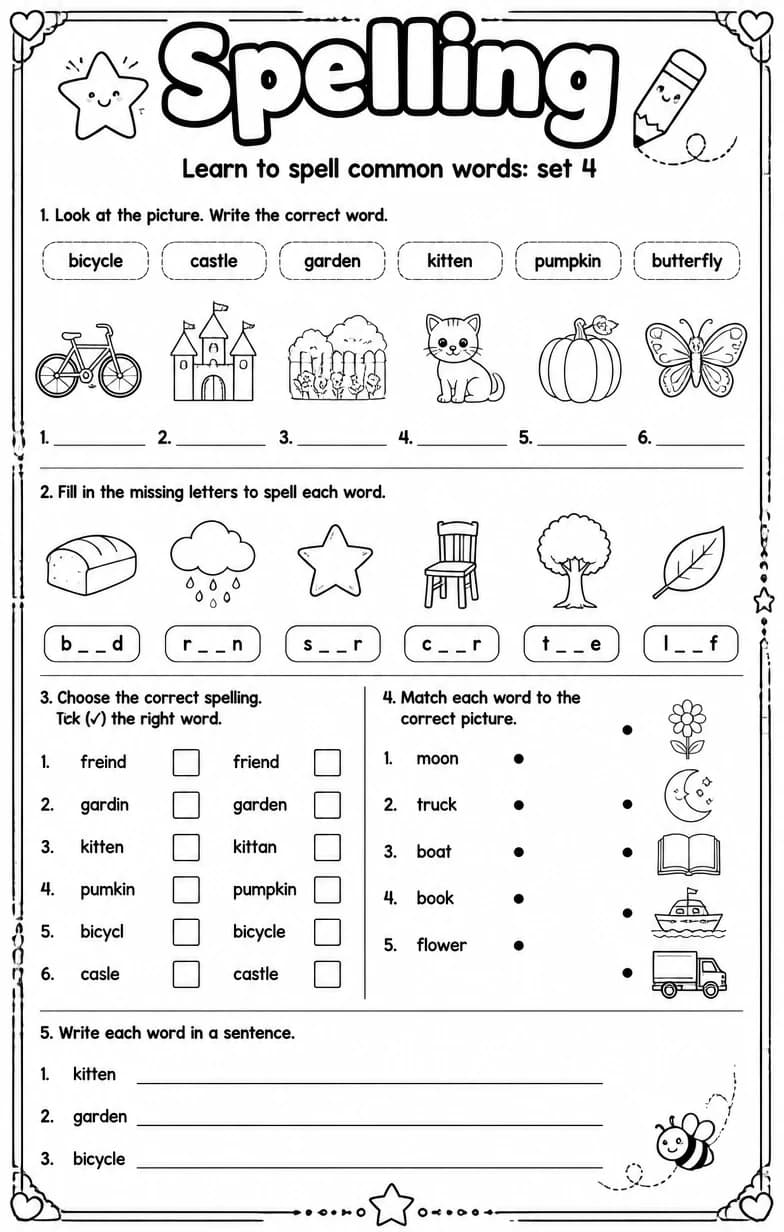 Learn to spell common words: set 4 — free printable Grammar and mechanics English worksheet