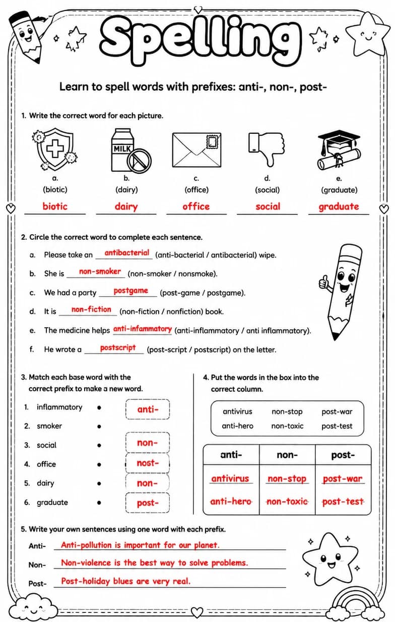 Answer key for Learn to spell words with prefixes: anti-, non-, post- — free printable English & Reading worksheet
