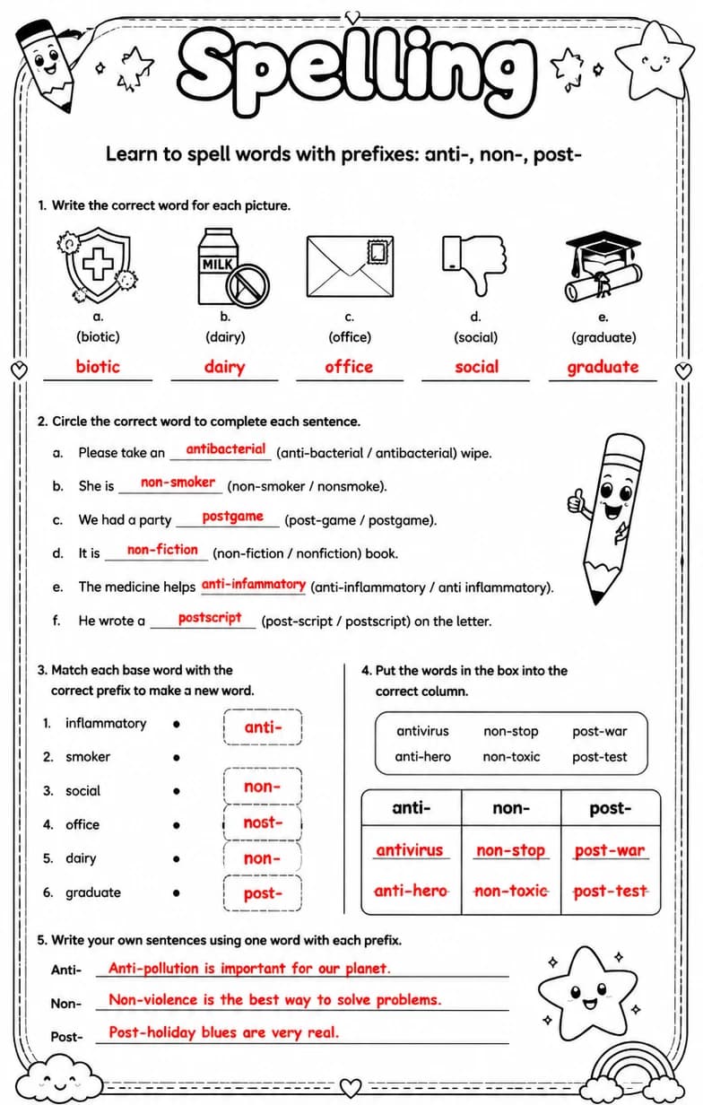 Answer key for Learn to spell words with prefixes: anti-, non-, post- — free printable English & Reading worksheet