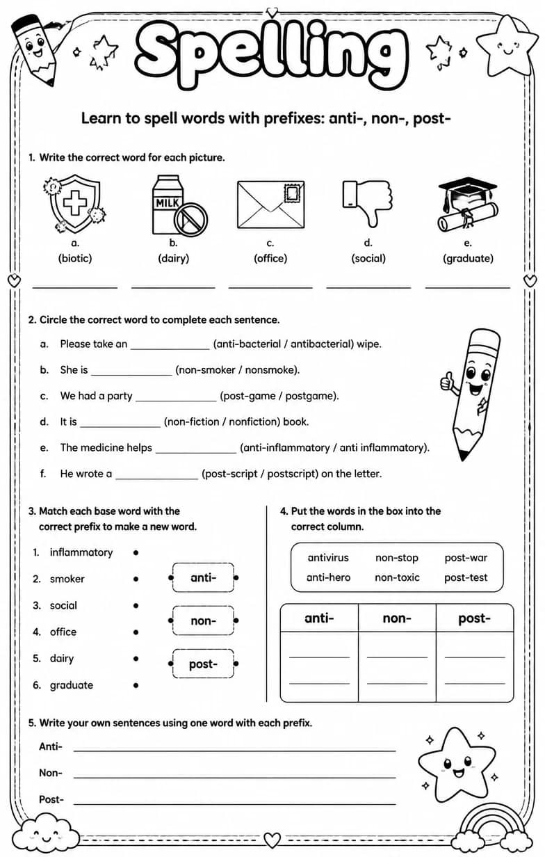 Learn to spell words with prefixes: anti-, non-, post- — free printable Grammar and mechanics English worksheet