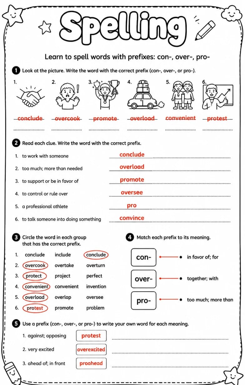 Answer key for Learn to spell words with prefixes: con-, over-, pro- — free printable English & Reading worksheet
