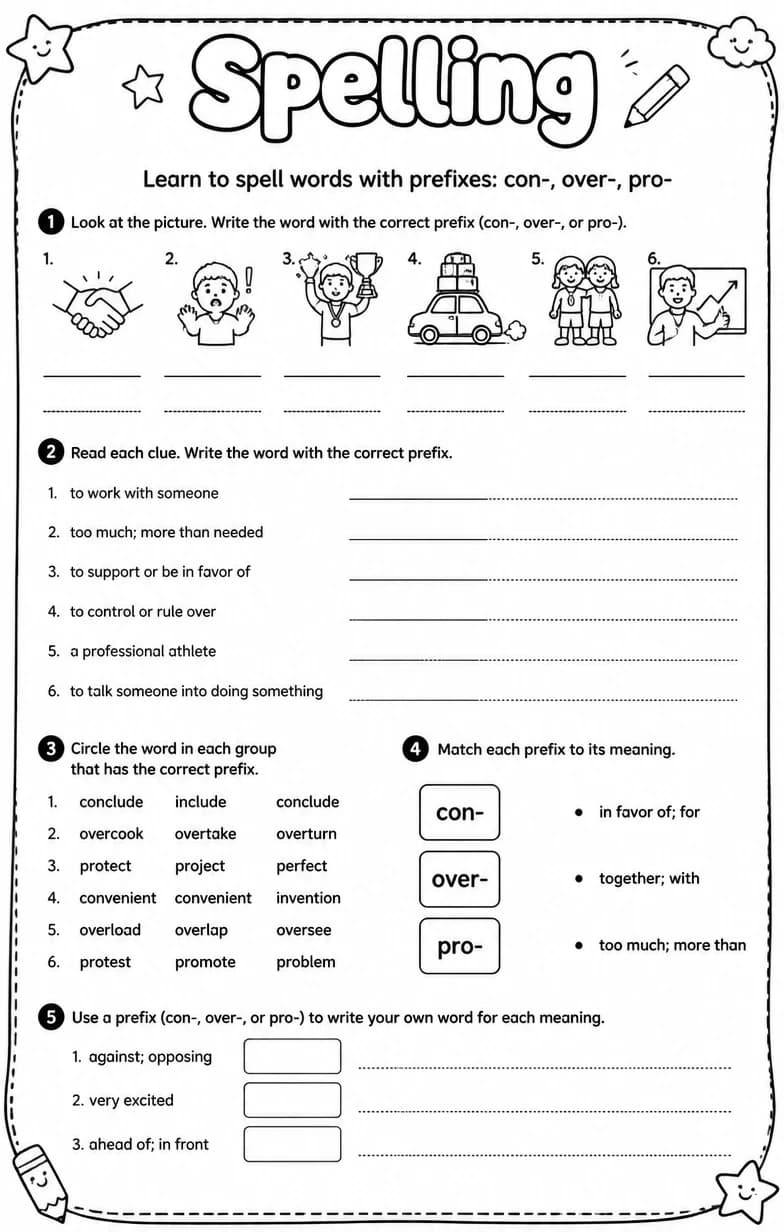 Learn to spell words with prefixes: con-, over-, pro- — free printable Grade 5 English & Reading worksheet