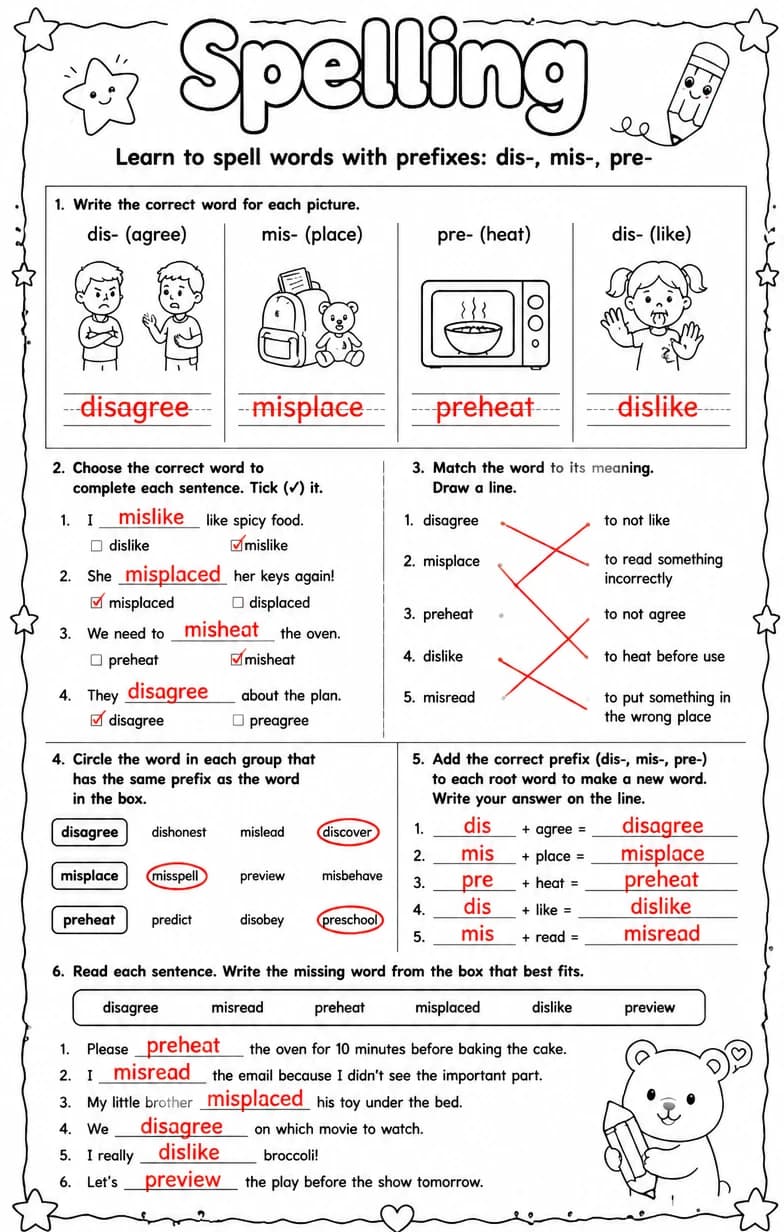 Answer key for Learn to spell words with prefixes: dis-, mis-, pre- — free printable English & Reading worksheet