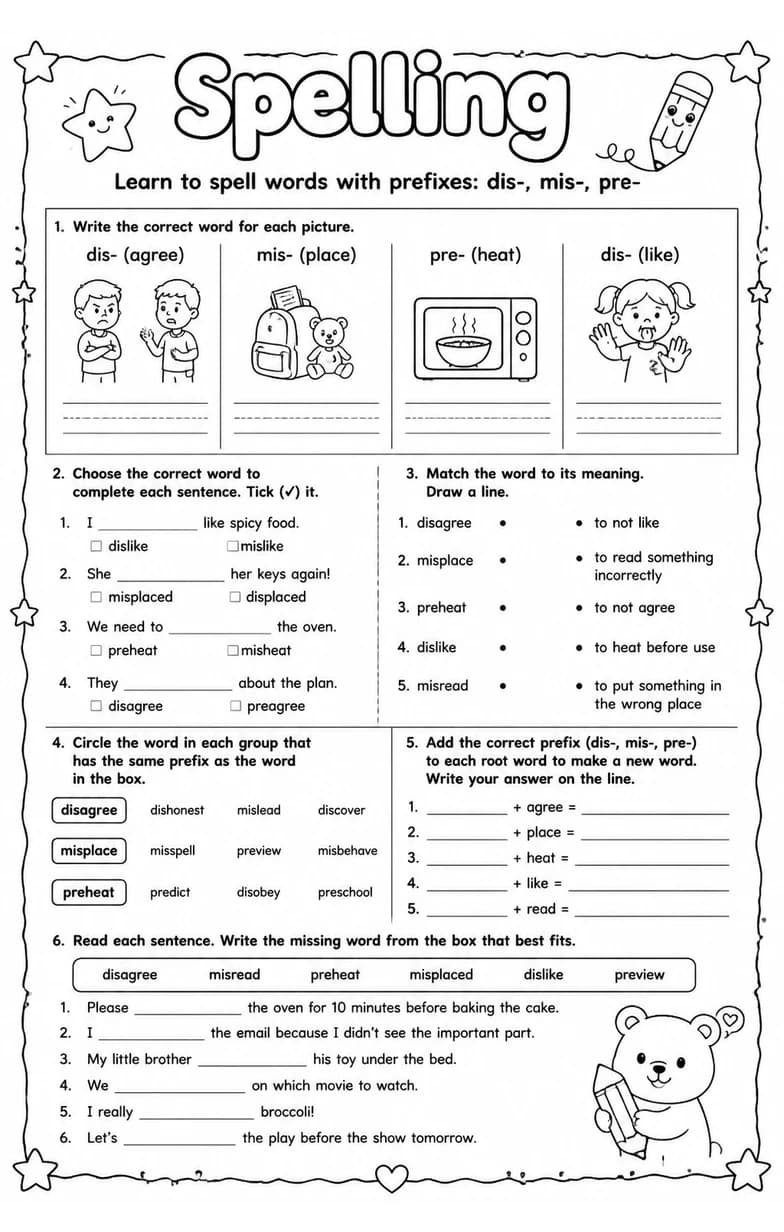 Learn to spell words with prefixes: dis-, mis-, pre- — free printable Grade 4 English & Reading worksheet