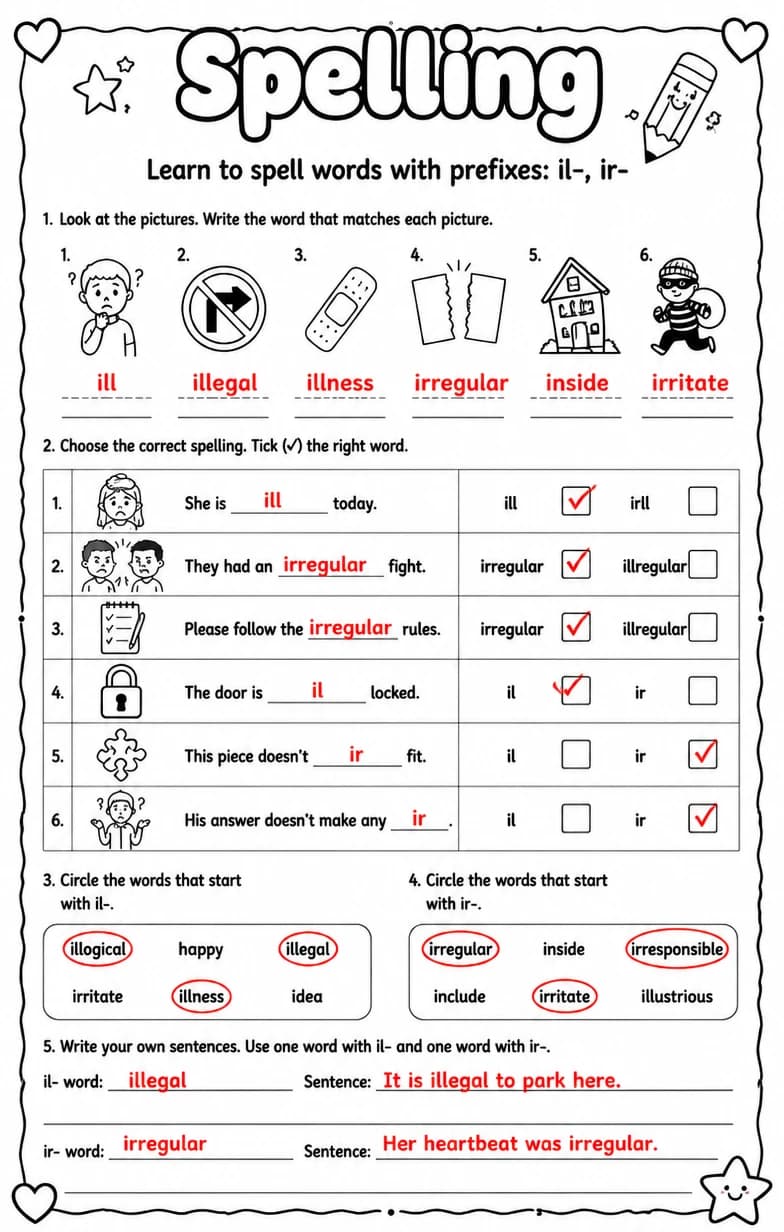 Answer key for Learn to spell words with prefixes: il-, ir- — free printable English & Reading worksheet