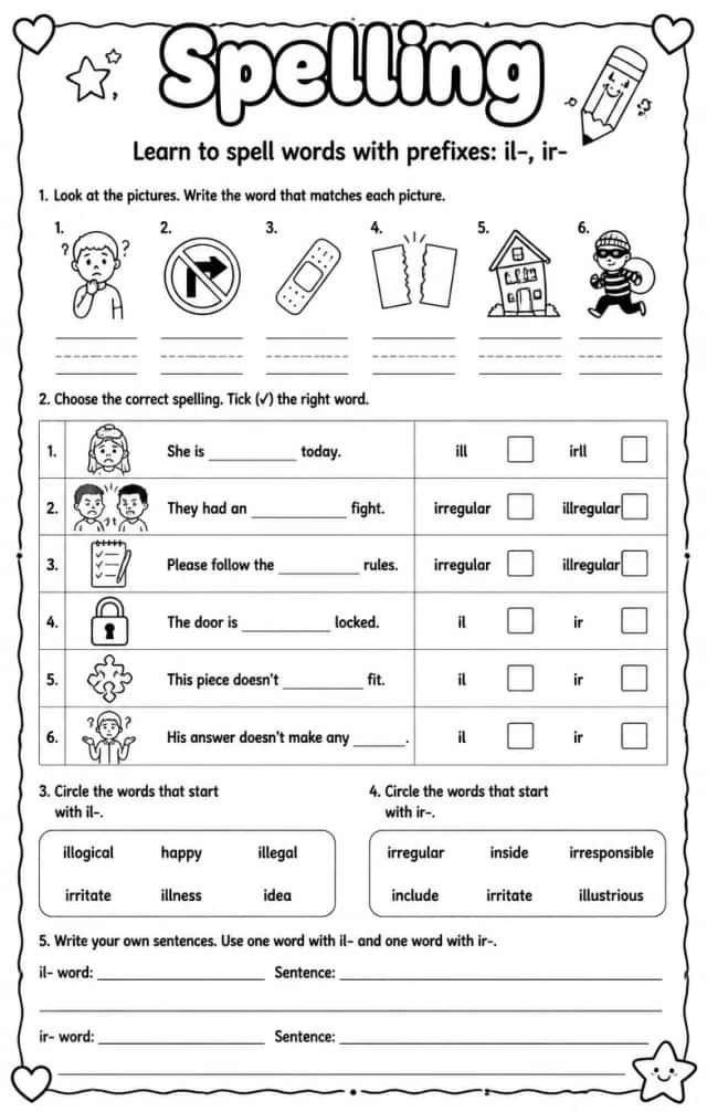 Learn to spell words with prefixes: il-, ir-