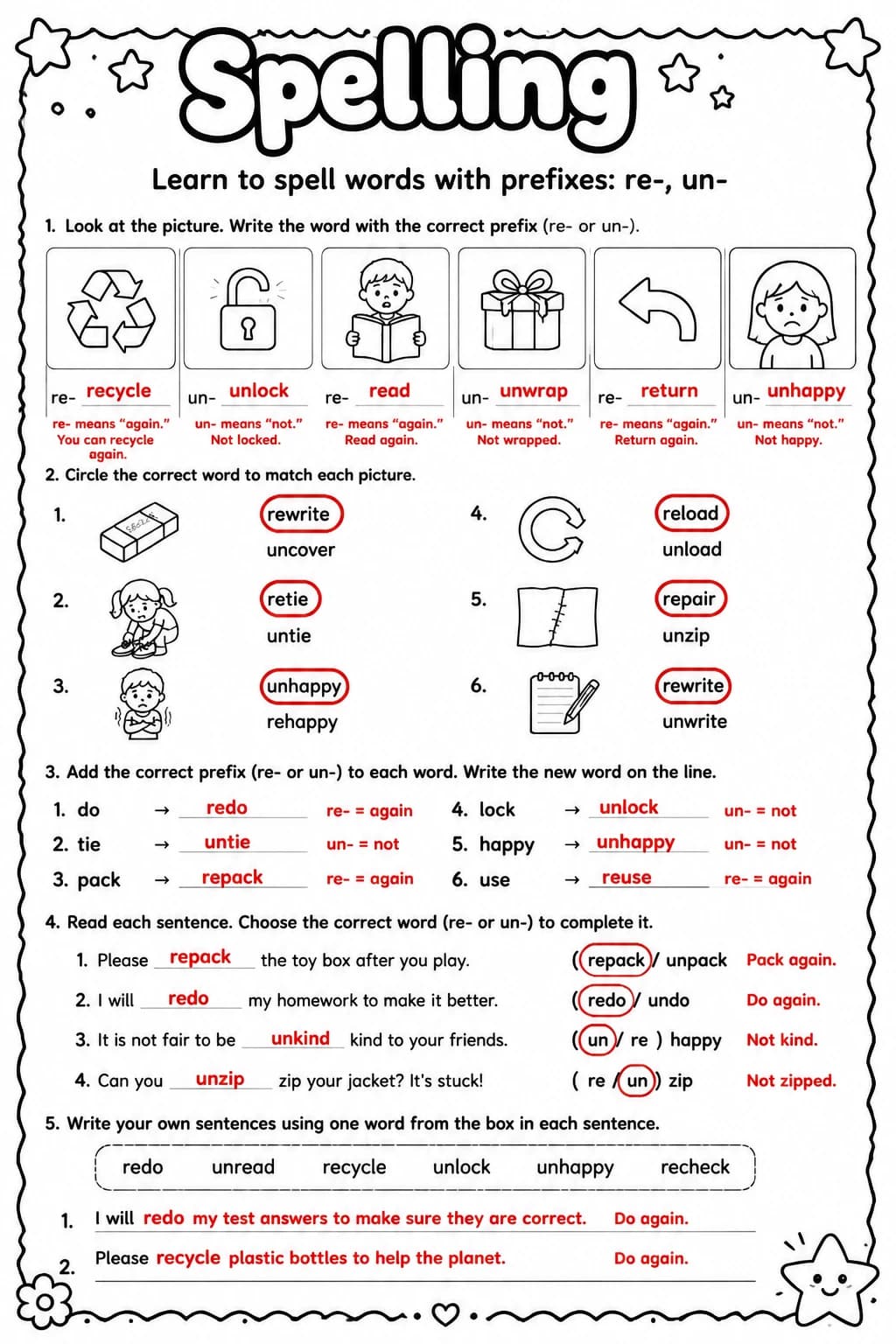 Answer key for Learn to spell words with prefixes: re-, un- — free printable English & Reading worksheet