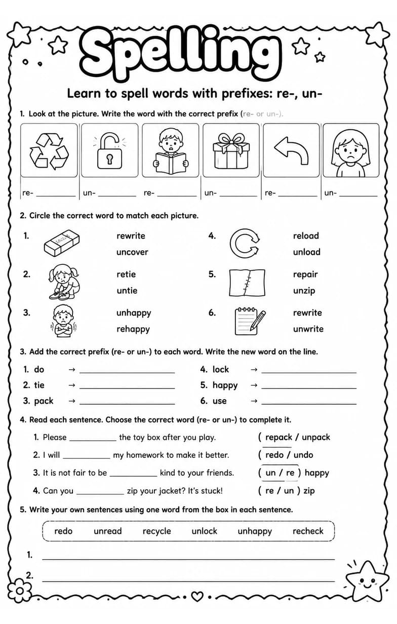 Learn to spell words with prefixes: re-, un- — free printable Grade 3 English & Reading worksheet