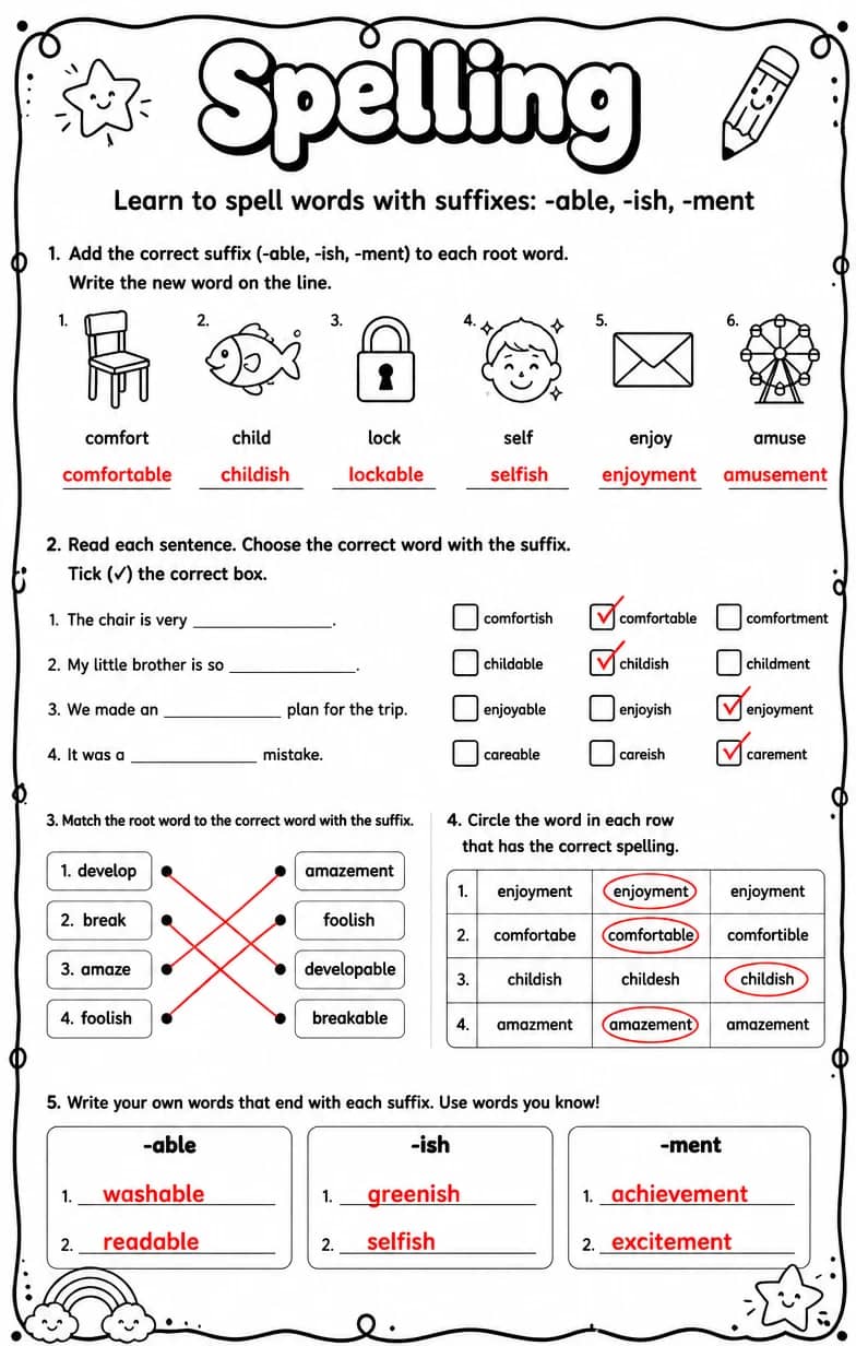 Answer key for Learn to spell words with suffixes: -able, -ish, -ment — free printable English & Reading worksheet