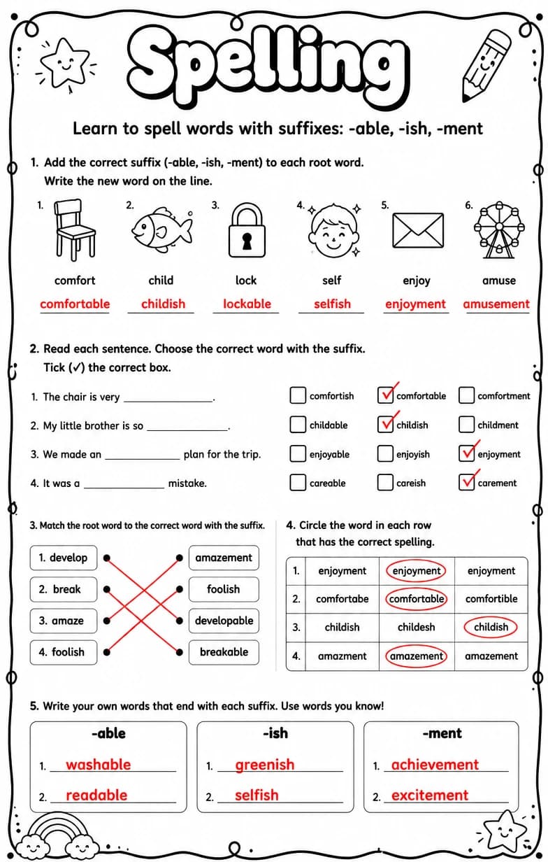 Answer key for Learn to spell words with suffixes: -able, -ish, -ment — free printable English & Reading worksheet