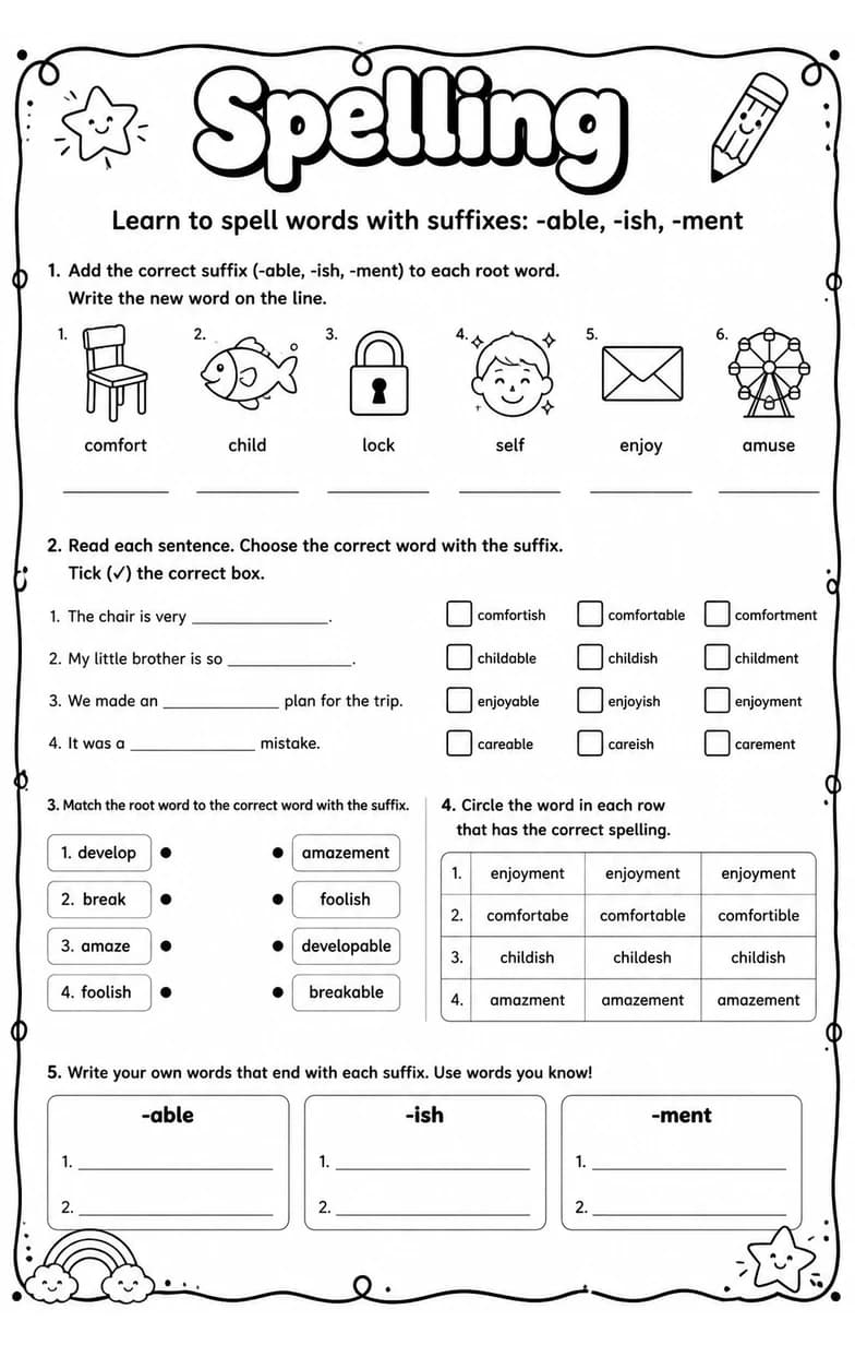 Learn to spell words with suffixes: -able, -ish, -ment — free printable Grammar and mechanics English worksheet