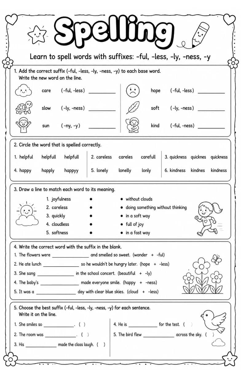 Learn to spell words with suffixes: -ful, -less, -ly, -ness, -y — free printable Grammar and mechanics English worksheet