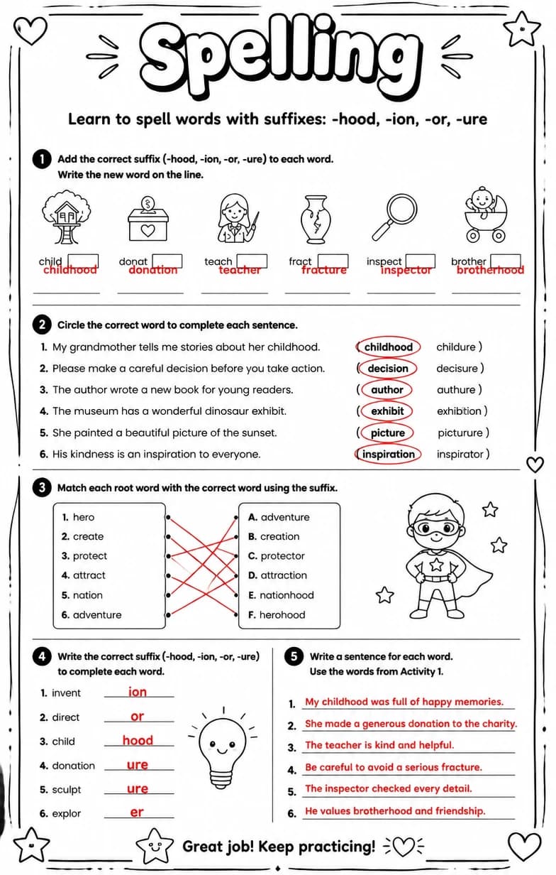 Answer key for Learn to spell words with suffixes: -hood, -ion, -or, -ure — free printable English & Reading worksheet