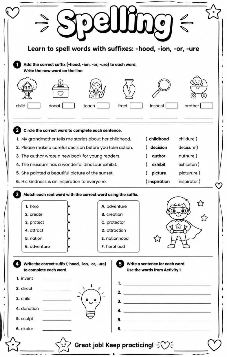 Learn to spell words with suffixes: -hood, -ion, -or, -ure — free printable Grammar and mechanics English worksheet