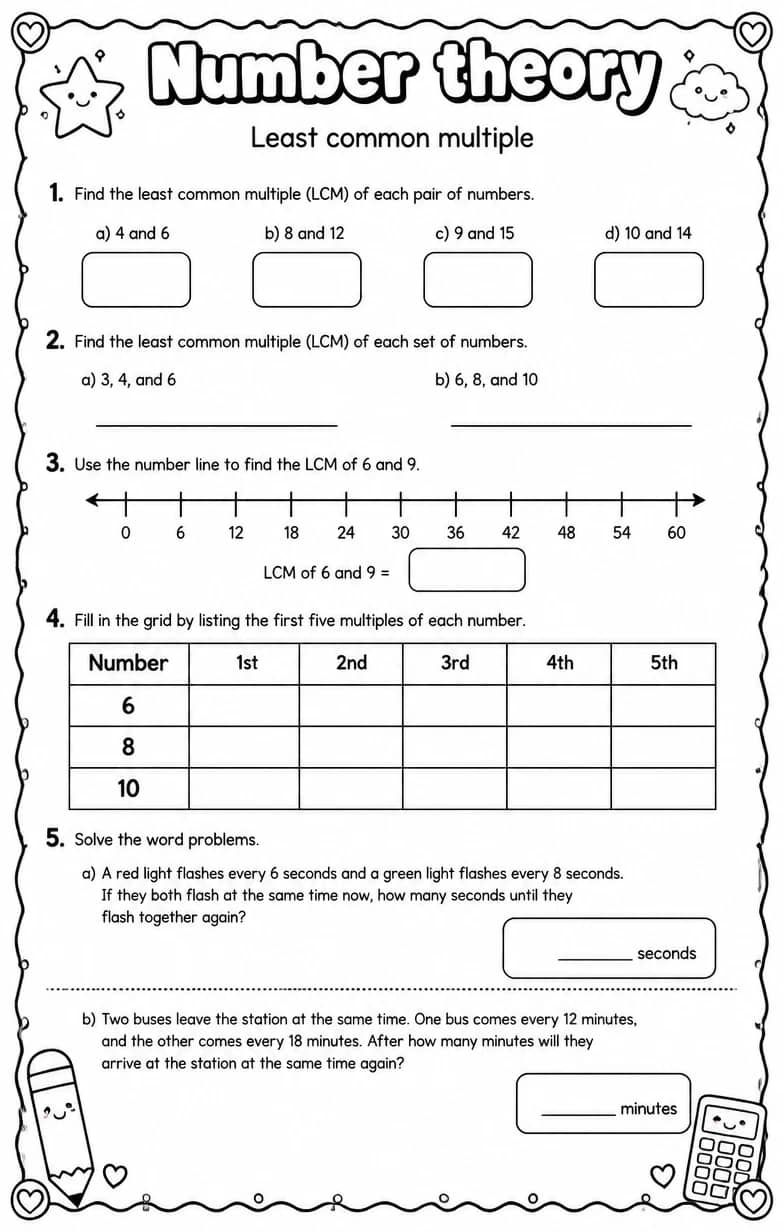 Least common multiple — free printable Grade 7 math worksheet