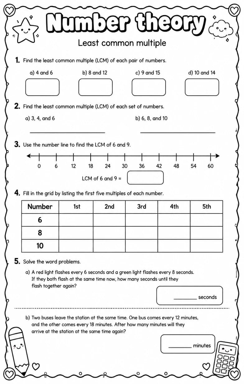 Least common multiple — free printable Grade 7 math worksheet