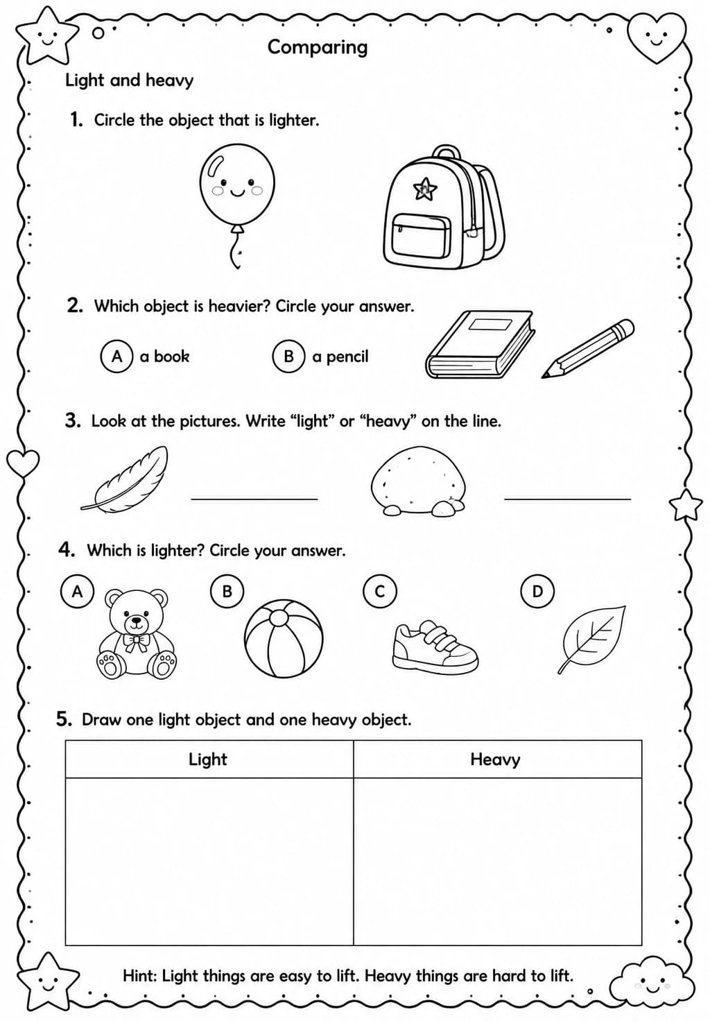 Light and heavy — free printable Kindergarten Science worksheet