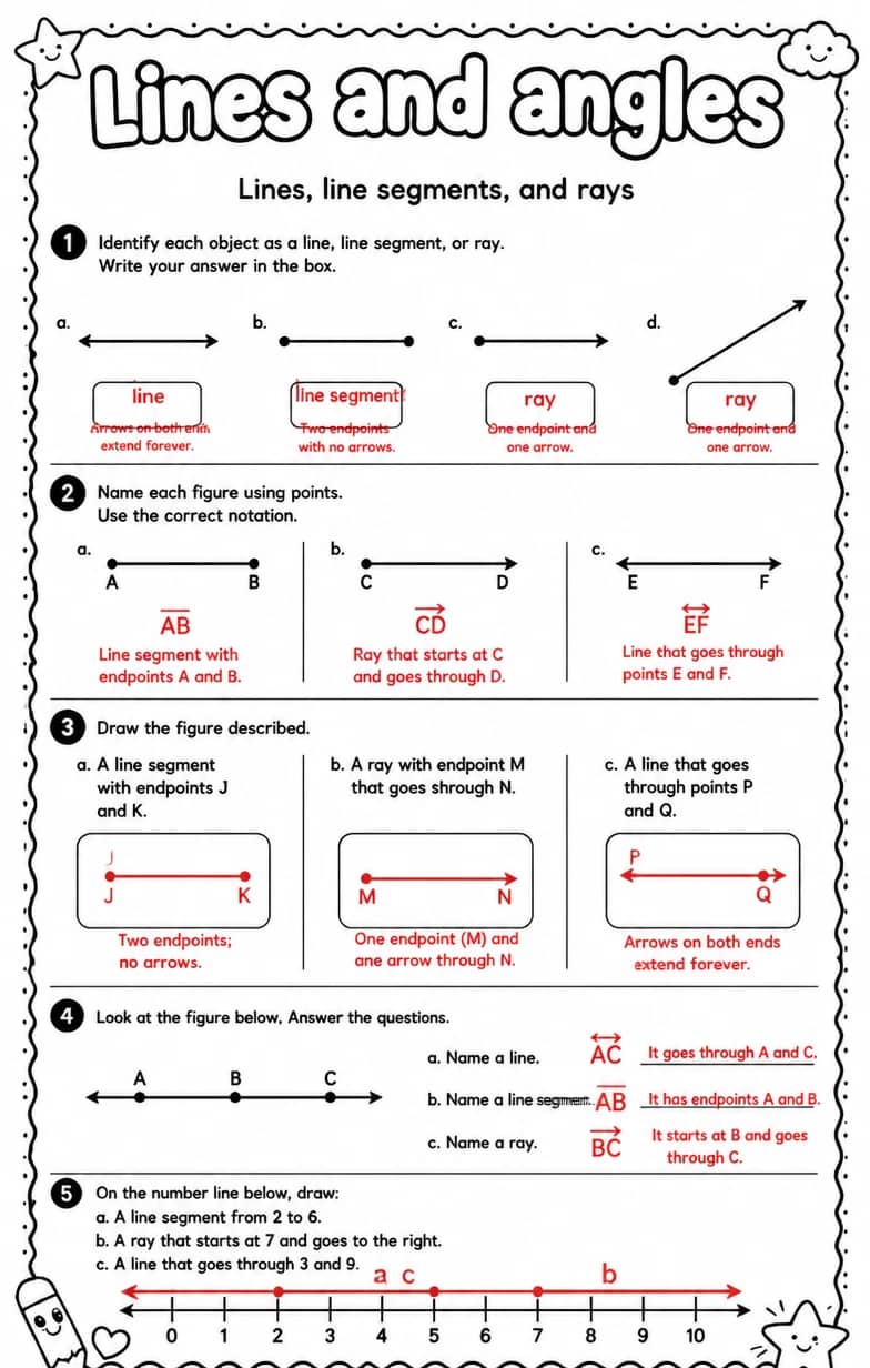 Answer key for Lines, line segments, and rays — free printable Math worksheet