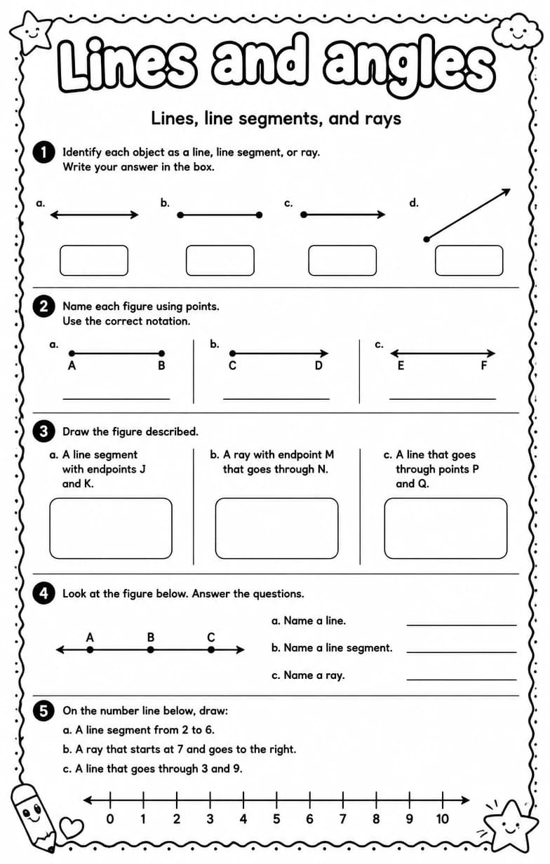 Lines, line segments, and rays — free printable Grade 3 Math worksheet