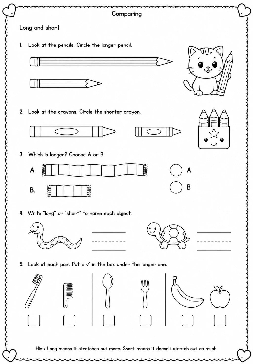 Long and short — free printable Kindergarten Science worksheet