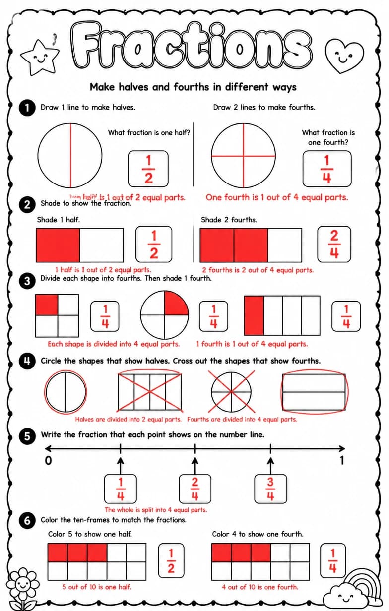 Answer key for Make halves and fourths in different ways — free printable Math worksheet