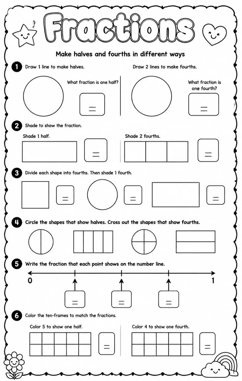 Make halves and fourths in different ways — free printable Grade 1 math worksheet
