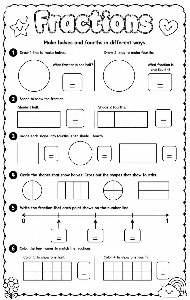 Make halves and fourths in different ways — free printable Grade 1 math worksheet